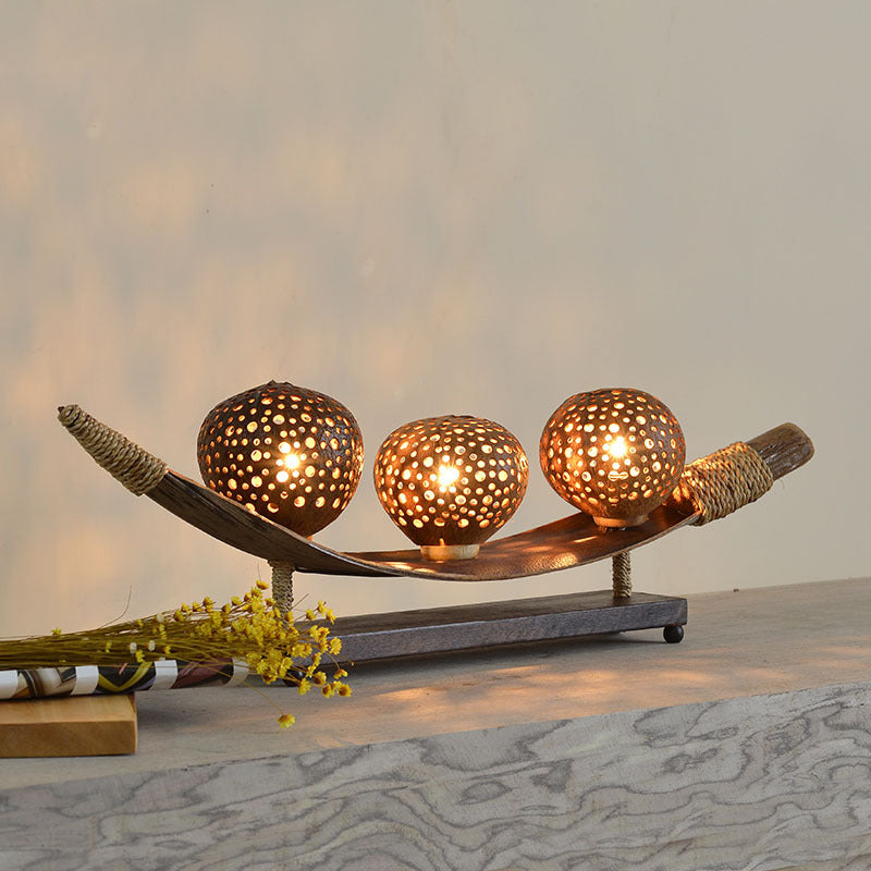 3-Head Asia Brown Desk Lamp With Laser-Cut Wood Shade - Perfect Task Lighting For Living Room