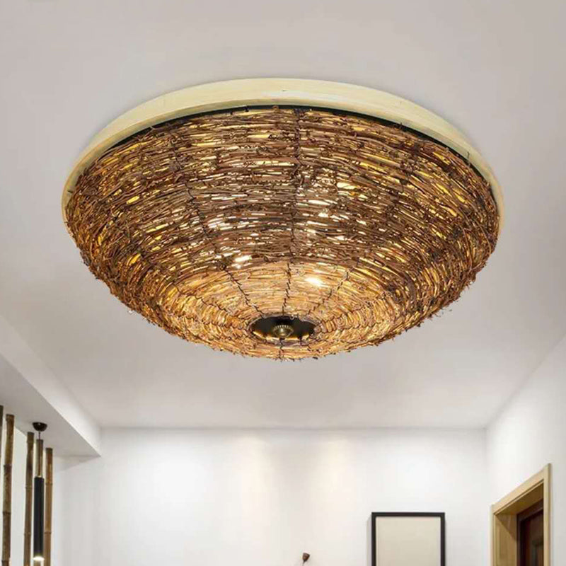 Bowl Rattan Shade Asian Brown Flush Mount Ceiling Light With 3 Bulbs For Dining Room