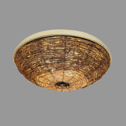 Bowl Rattan Shade Asian Brown Flush Mount Ceiling Light with 3 Bulbs for Dining Room