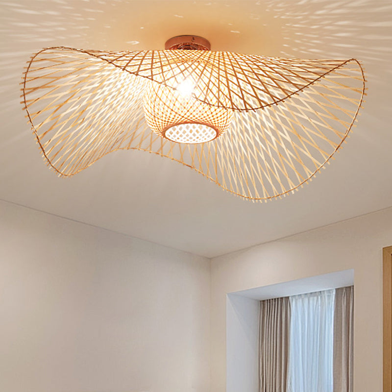 Hand-Worked Bamboo Semi-Flush Mount Light - Japanese Style 2-Bulb Close To Ceiling Lighting In Beige