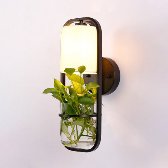 Vintage Metal Led Wall Lamp With Plant Container - Black Sconce Shade For Bedroom