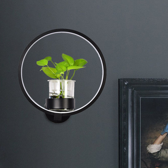 Antique Black/Grey/White Metal Sconce Light For Bedroom Wall Mount - Circular Design With Plant Cup