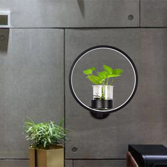 Antique Black/Grey/White Metal Sconce Light For Bedroom Wall Mount - Circular Design With Plant Cup