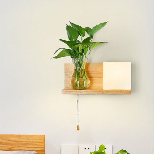 Minimalist Square Led Wall Sconce In White Glass With Wood Accent - 1 Head Left/Right
