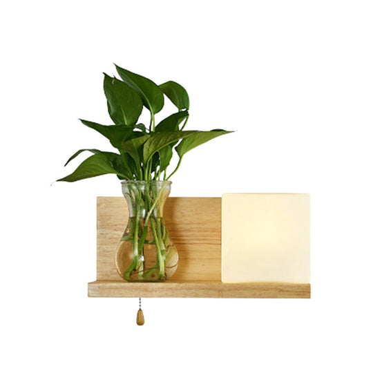 Minimalist Square Led Wall Sconce In White Glass With Wood Accent - 1 Head Left/Right