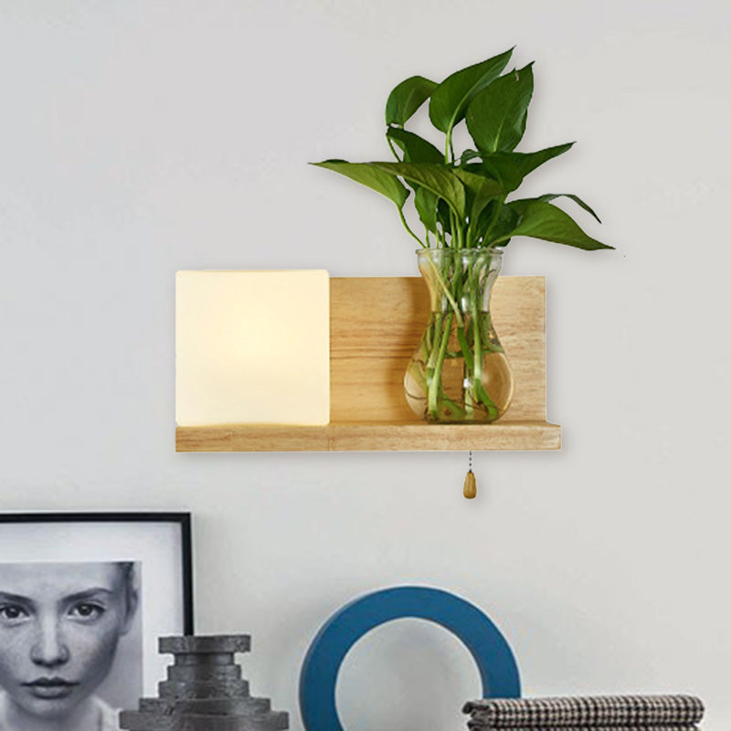 Minimalist Square Led Wall Sconce In White Glass With Wood Accent - 1 Head Left/Right / Left