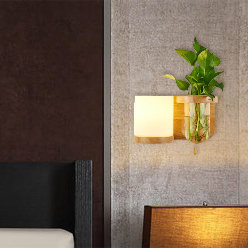 Industrial Cylindrical Led Wall Sconce With Opal Glass And Wood Mount (Left/Right) / Left