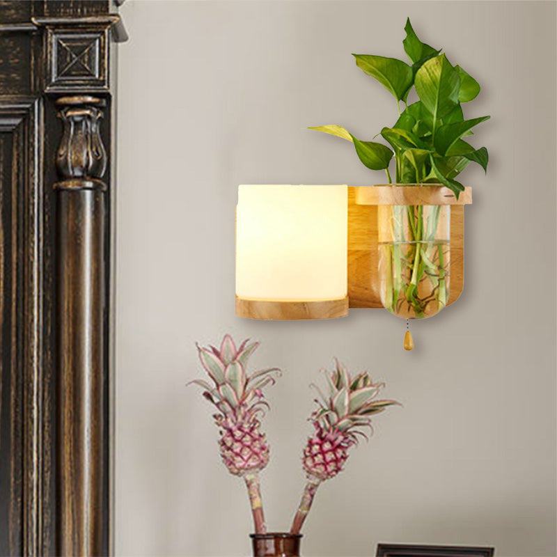 Industrial Cylindrical Led Wall Sconce With Opal Glass And Wood Mount (Left/Right)