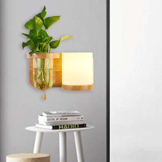 Industrial Cylindrical Led Wall Sconce With Opal Glass And Wood Mount (Left/Right) / Right