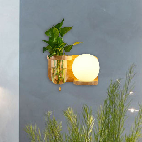 Industrial White Glass Wall Sconce With Led Bulb In Wood - Bedroom Lamp Fixture (Left/Right) / Right