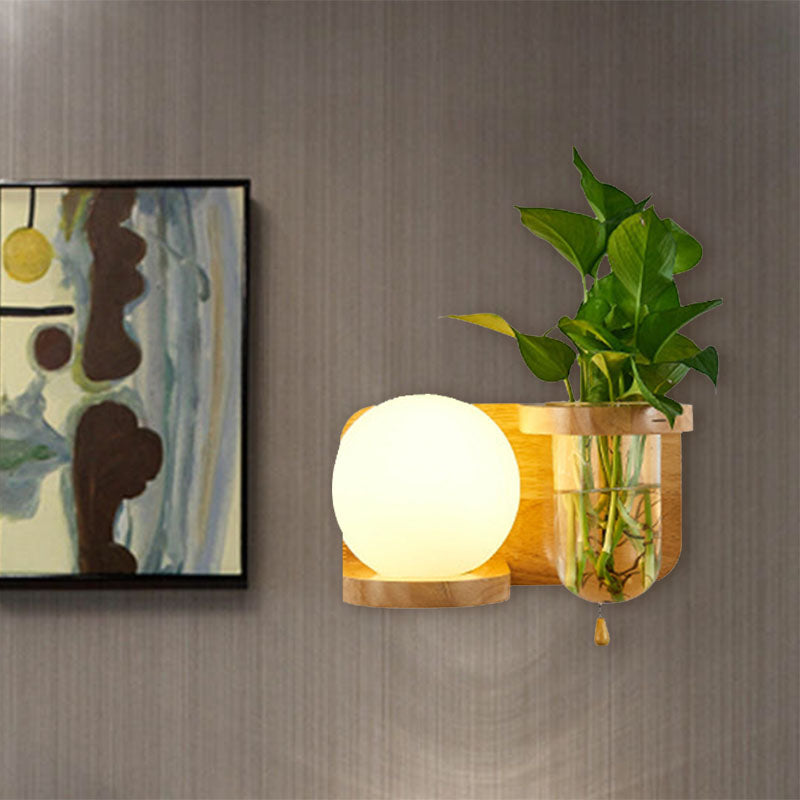 Industrial White Glass Wall Sconce With Led Bulb In Wood - Bedroom Lamp Fixture (Left/Right) / Left