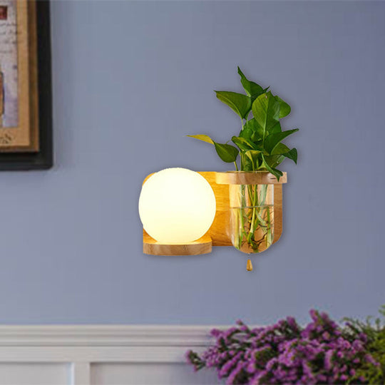Industrial White Glass Wall Sconce With Led Bulb In Wood - Bedroom Lamp Fixture (Left/Right)