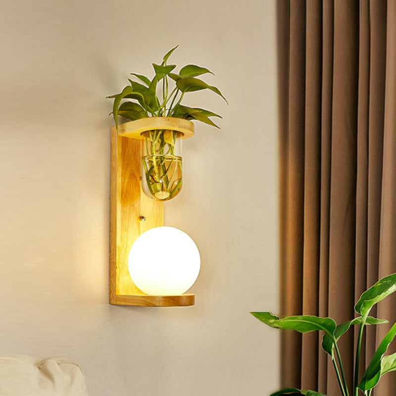 Opal Glass Up/Down Light Simple Led Wall Mount Lighting In Wood For Living Room / Globe Up