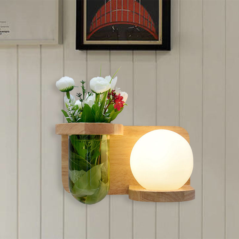 Industrial Led Wall Sconce Light - Milky Glass Orb Wood Left/Right / Right
