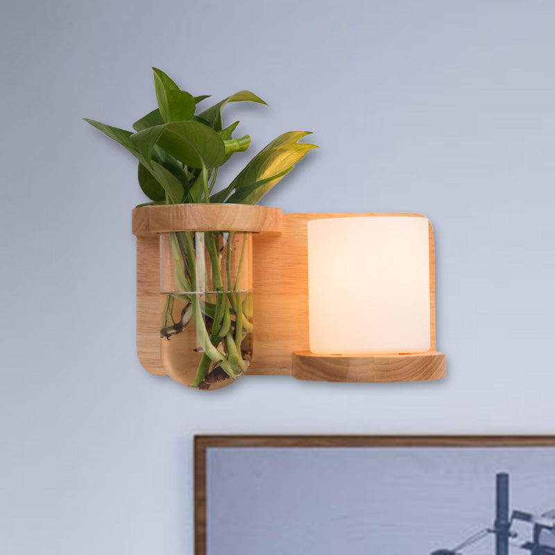 Industrial Wood Opal Glass Led Wall Sconce - 1 Head Barrel/Globe Light Fixture For Living Room