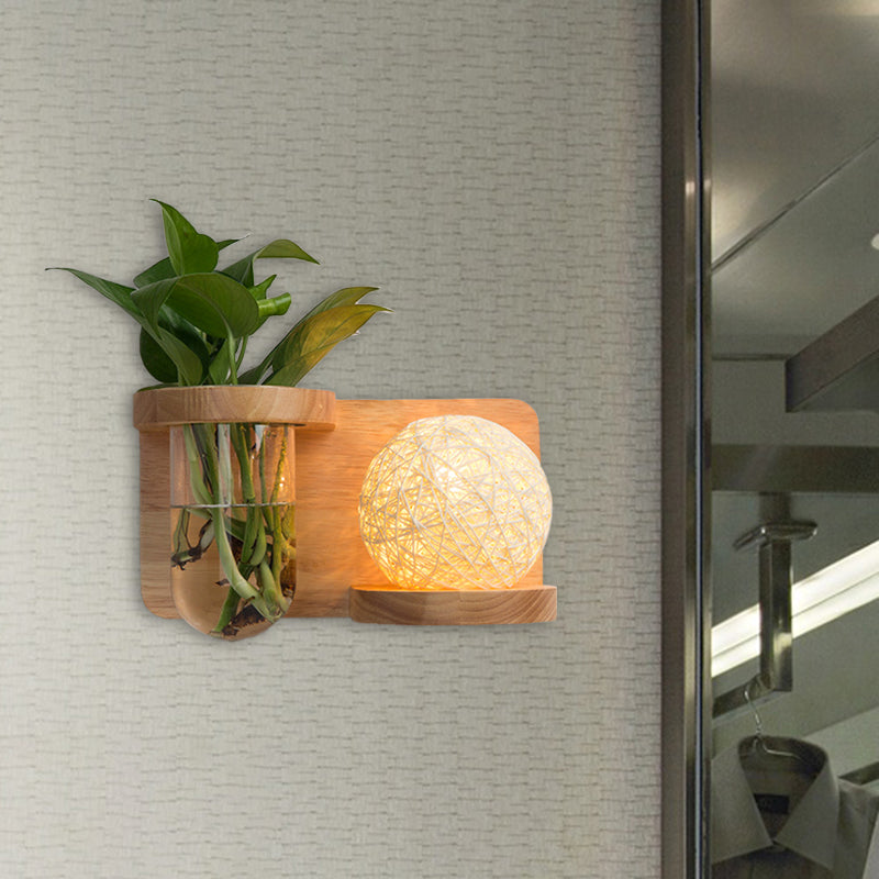 Industrial Wood Opal Glass Led Wall Sconce - 1 Head Barrel/Globe Light Fixture For Living Room
