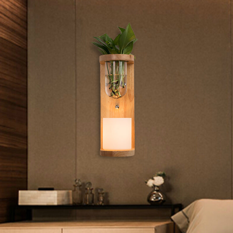 Industrial Opal Glass 1-Light Wood Led Sconce For Living Room Walls