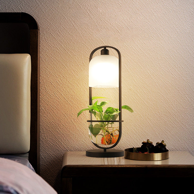 Industrial Metal Led Nightstand Lamp With Plant Container - Black Oval Design For Living Room