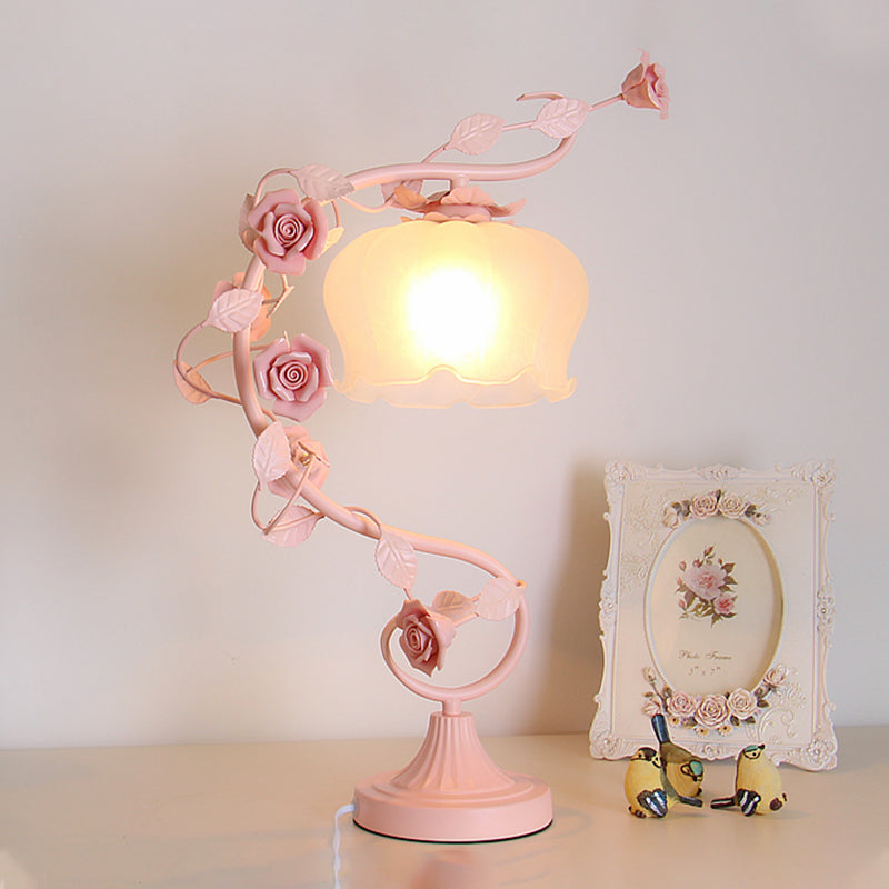 Pastoral Bloom Nightstand Lamp - Frosted White Glass Table Light With Pink Hue