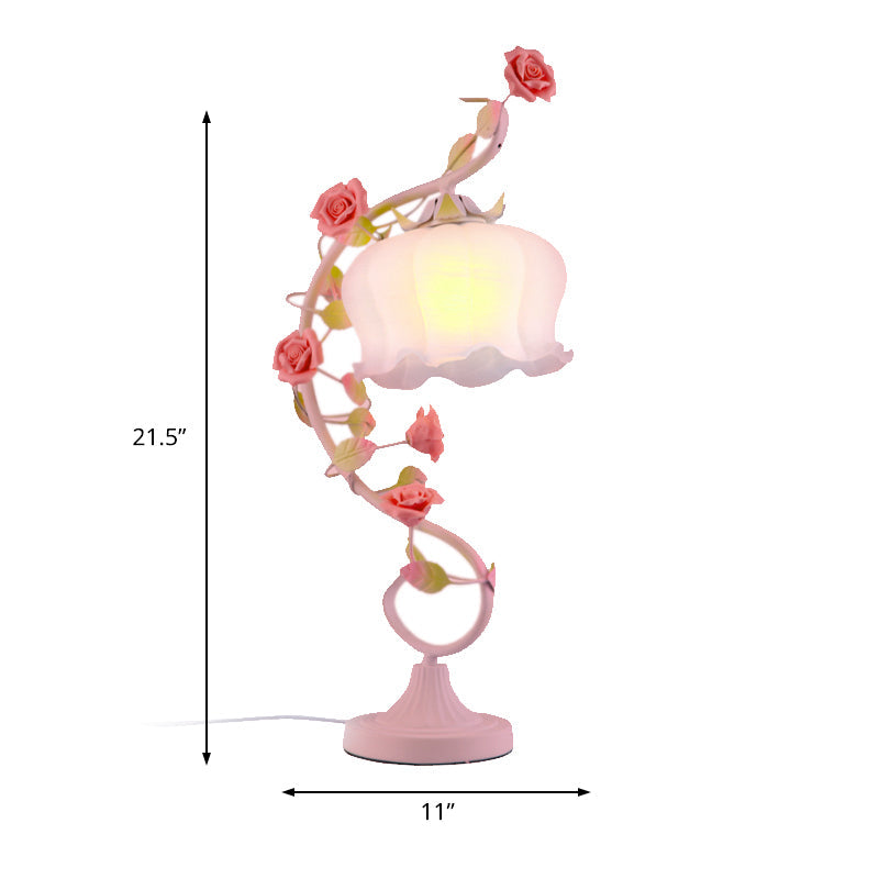 Pastoral Bloom Nightstand Lamp - Frosted White Glass Table Light With Pink Hue