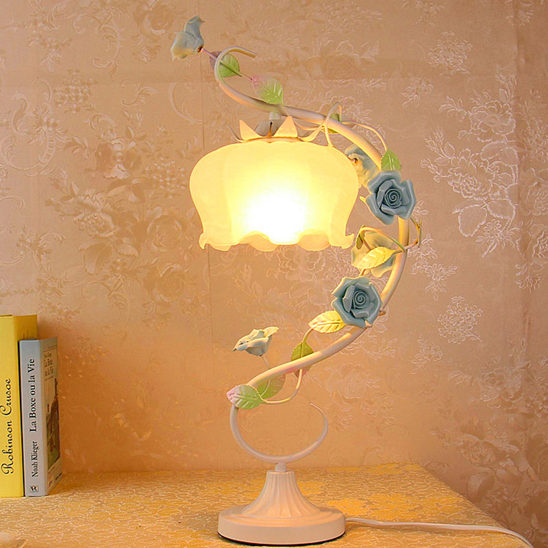 Countryside Flower Glass Nightstand Lamp - 1 Bulb Pink/Blue/Green Lighting For Bedroom Blue
