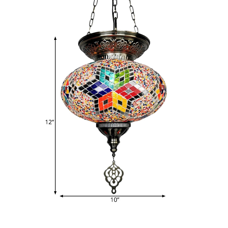 Traditional Stained Glass Red/Blue Pendant Light - Oval Ceiling Hanging Fixture