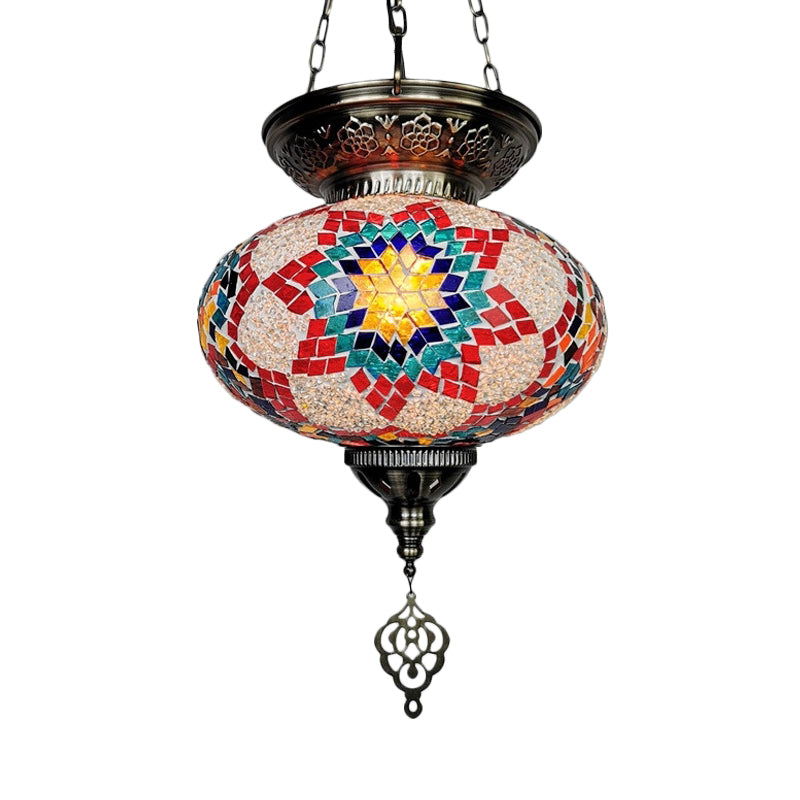 Traditional Stained Glass Red/Blue Pendant Light - Oval Ceiling Hanging Fixture Blue