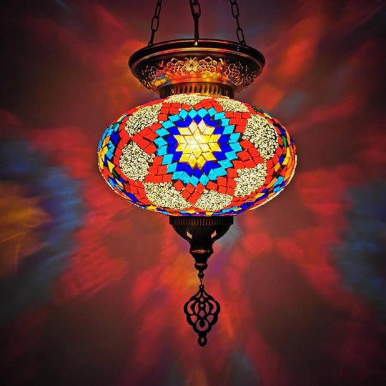 Traditional Stained Glass Red/Blue Pendant Light - Oval Ceiling Hanging Fixture