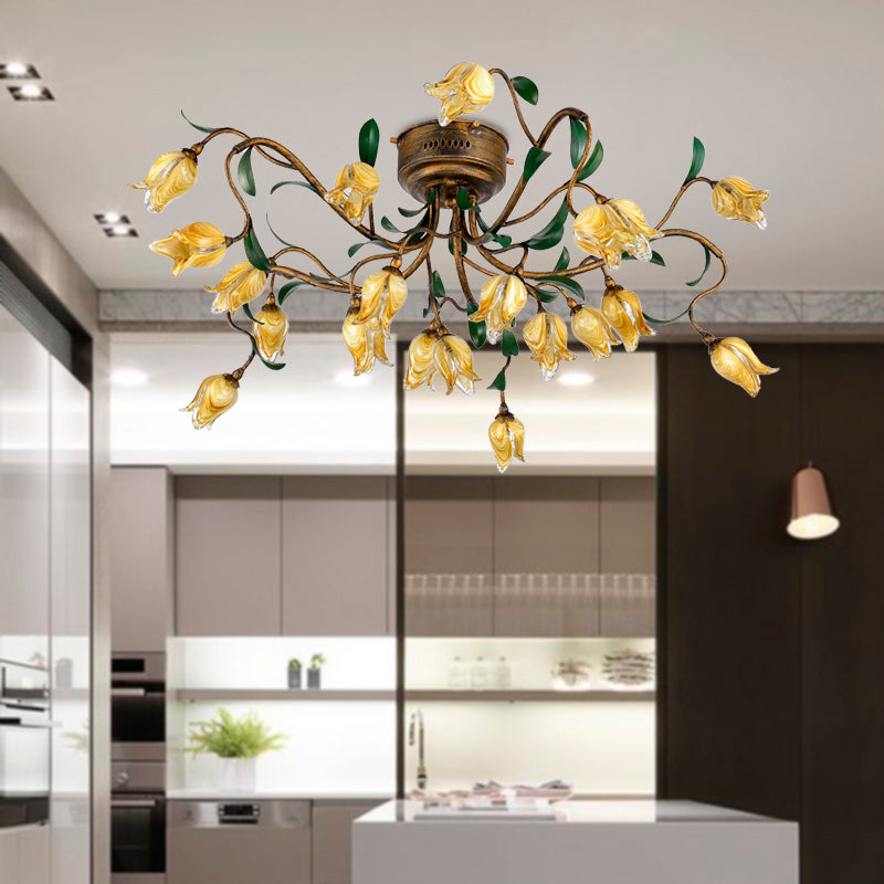 Pastoral Metal Tulip Led Brass Chandelier - Kitchen Ceiling Light With 20 Lights