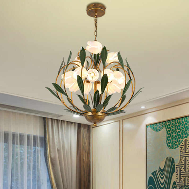 Modern Floral Chandelier: Countryside Brass Led Pendant Light Fixture 15-Bulb Metal Design For