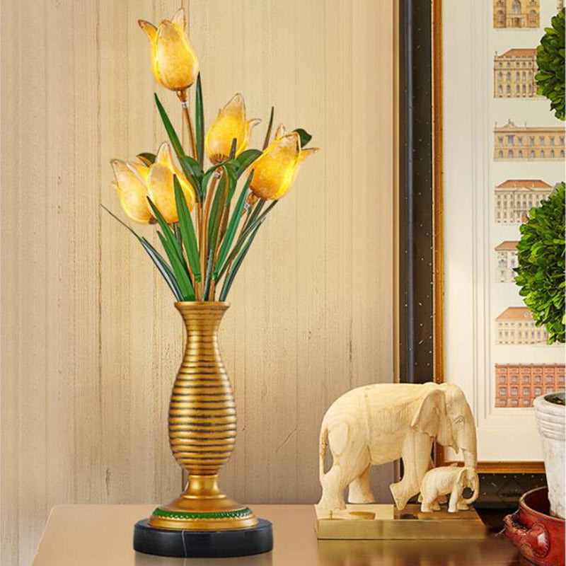 Gold Tulip Led Table Lamp - American Garden Metal With 5 Lights Living Room Nightstand Light