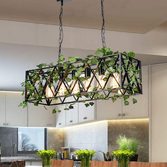 6-Head Metal Island Pendant - Antique Black Rectangular Led Down Lighting For Restaurants With Plant