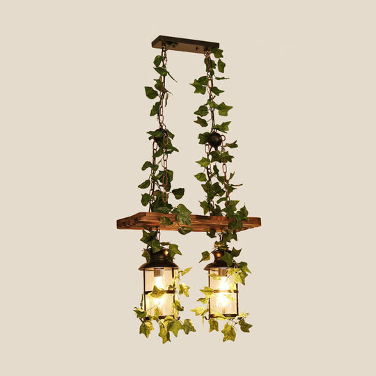 Retro Wooden Lantern 2/3 Head Island Ceiling Light With Led Drop Lamp Pink/Green Plant/Flower Decor