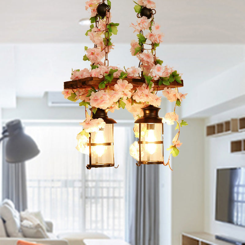 Retro Wooden Lantern 2/3 Head Island Ceiling Light With Led Drop Lamp Pink/Green Plant/Flower Decor