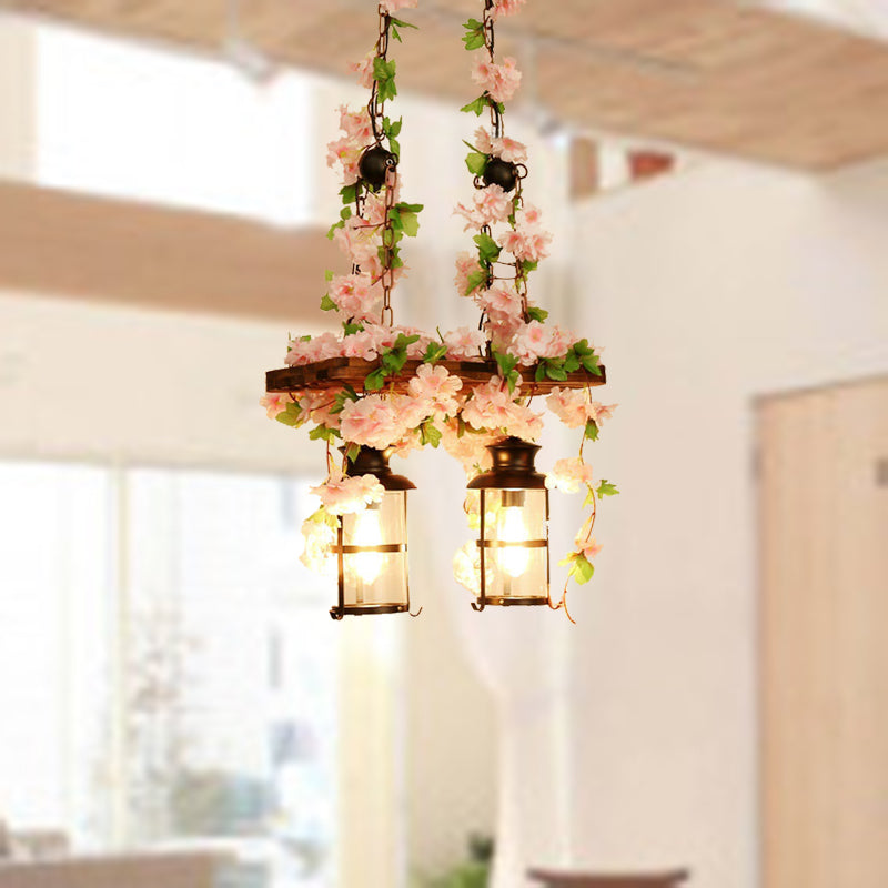 Retro Wooden Lantern 2/3 Head Island Ceiling Light With Led Drop Lamp Pink/Green Plant/Flower Decor