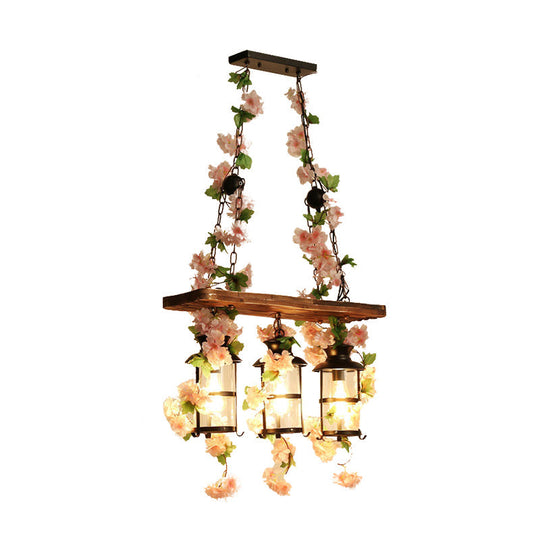 Retro Wooden Lantern 2/3 Head Island Ceiling Light With Led Drop Lamp Pink/Green Plant/Flower Decor