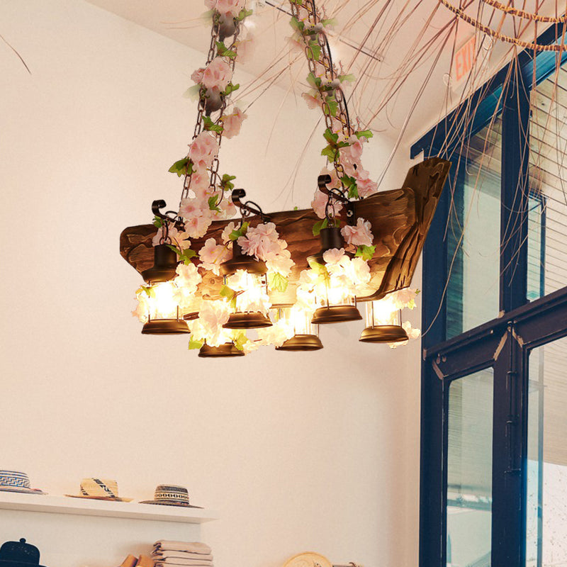 Modern Wooden Island Pendant Light - Pink/Green 6 Bulbs Led Industrial Style Hanging Lamp Kit