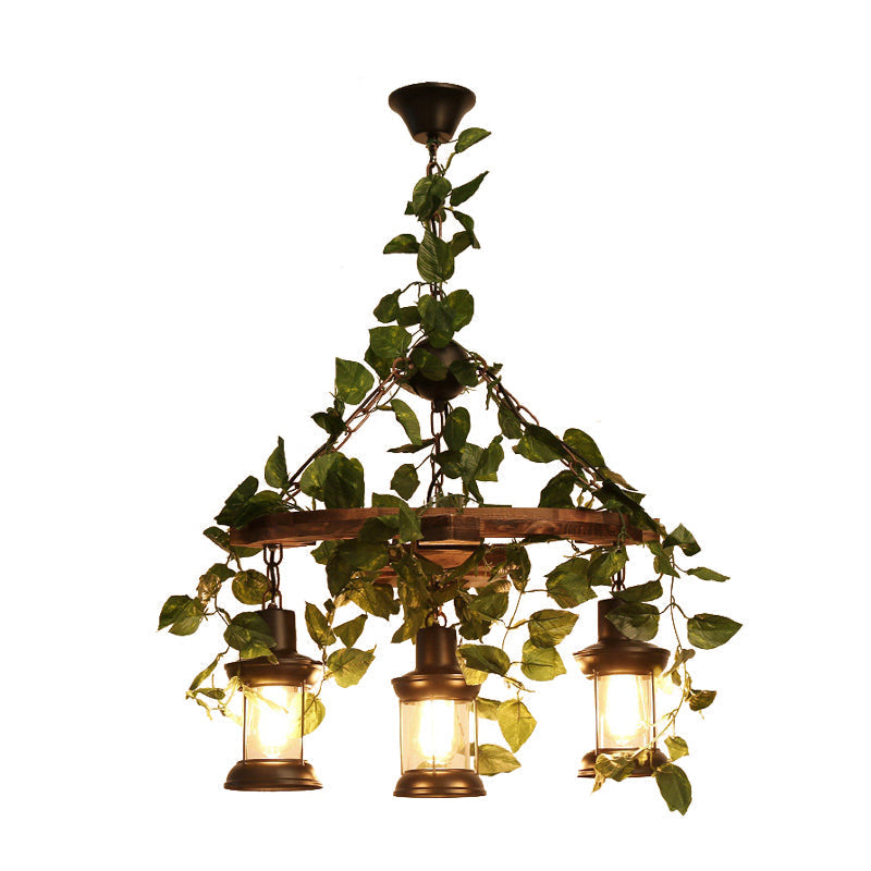 Industrial Wooden Chandelier With Led Plant Ceiling Light - Green Lantern Design 3/6/8 Heads Ideal