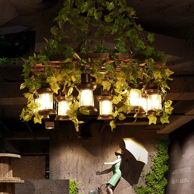 Industrial Green Lantern Wooden Chandelier - LED Restaurant Ceiling Light (3/6/8 Heads), 21.5"/27"/30" Width