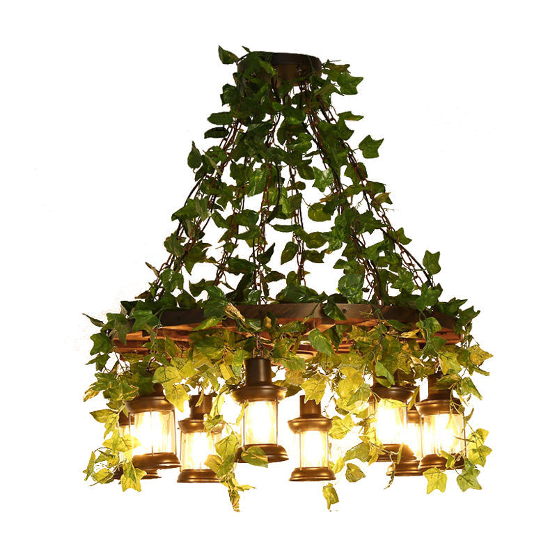 Industrial Wooden Chandelier With Led Plant Ceiling Light - Green Lantern Design 3/6/8 Heads Ideal