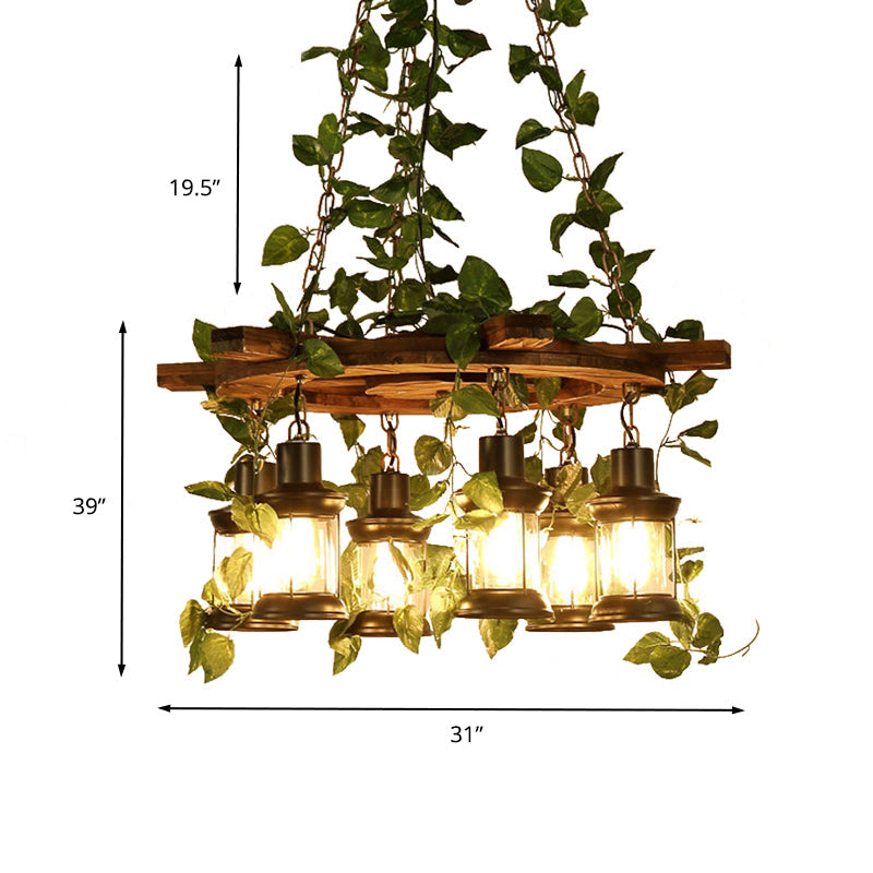 Industrial Green Lantern Wooden Chandelier - LED Restaurant Ceiling Light (3/6/8 Heads), 21.5"/27"/30" Width