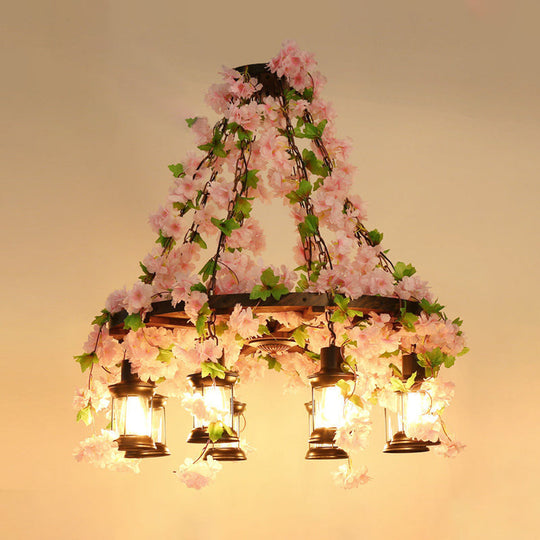 Vintage Lantern Chandelier With Wooden Led Flower Suspension Light In Pink - 3/6/8 Heads 21.5/27/30