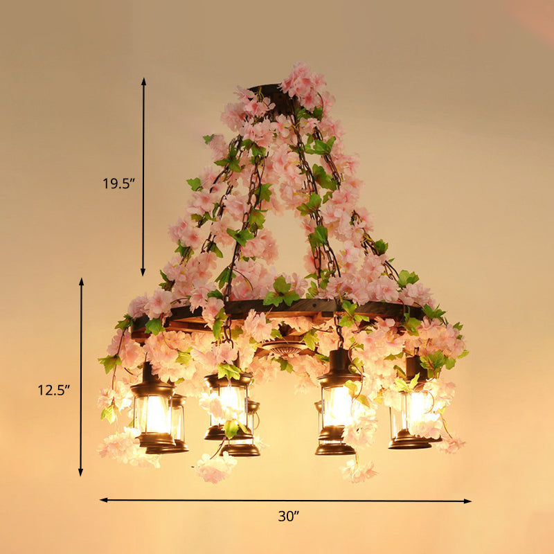 Vintage Wooden Lantern Pendant Chandelier with LED Flower Suspension Light in Pink - 3/6/8 Heads and 21.5"/27"/30" Wide