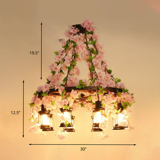 Vintage Lantern Chandelier With Wooden Led Flower Suspension Light In Pink - 3/6/8 Heads 21.5/27/30