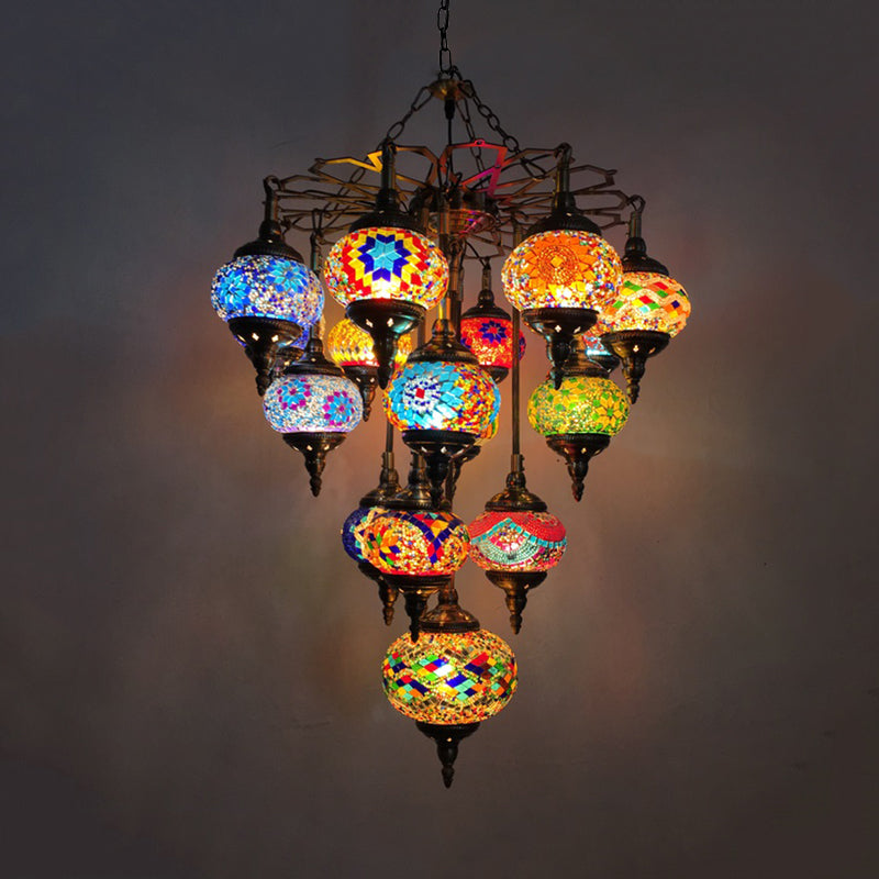 Vintage Stained Glass 16-Head Yellow Oval Pendant Chandelier - Elegant Living Room Hanging Light Kit