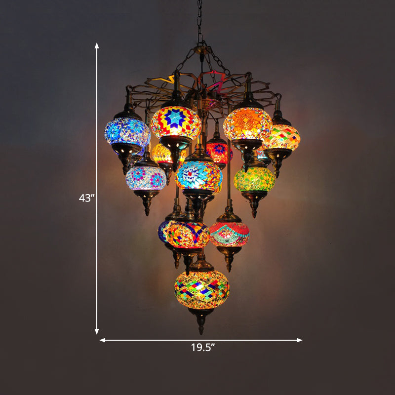 16 Heads Yellow sphere shaped  Pendant Chandelier Vintage Stained Glass  Living Room Hanging Light