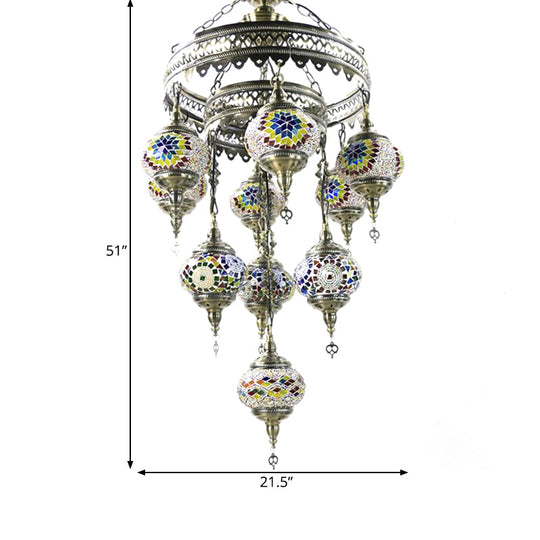 10-Head Multicolored Stained Glass Chandelier Lamp With Traditional Red/Pink/Yellow Design