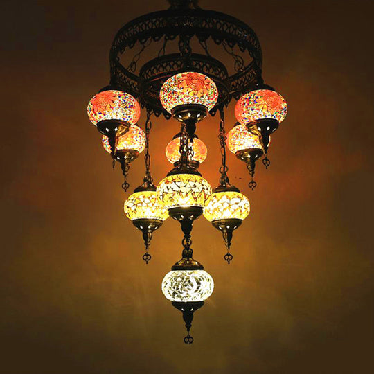 10-Head Multicolored Stained Glass Chandelier Lamp With Traditional Red/Pink/Yellow Design