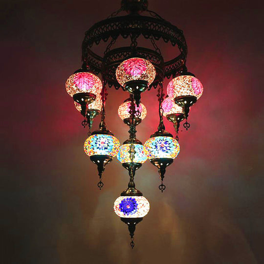 10-Head Multicolored Stained Glass Chandelier Lamp With Traditional Red/Pink/Yellow Design