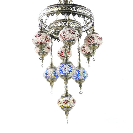 10-Head Multicolored Stained Glass Chandelier Lamp With Traditional Red/Pink/Yellow Design Red